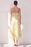 Strapless Floral Butter Yellow A Line Maxi Beach Wedding Guest Dress with Ruffles