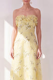Strapless Floral Butter Yellow A Line Maxi Beach Wedding Guest Dress with Ruffles