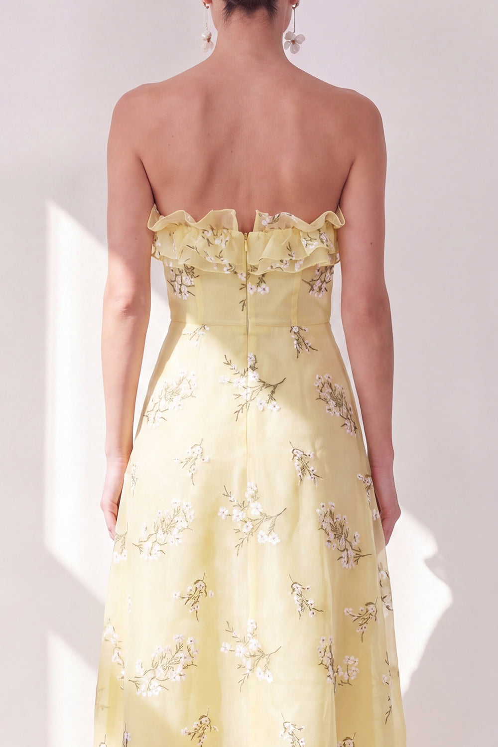 Strapless Floral Butter Yellow A Line Maxi Beach Wedding Guest Dress with Ruffles