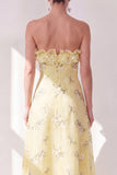 Strapless Floral Butter Yellow A Line Maxi Beach Wedding Guest Dress with Ruffles