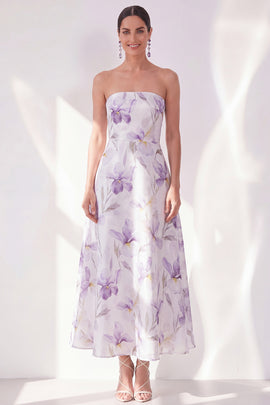 Lilac Flower Strapless A Line Maxi Beach Wedding Guest Dress