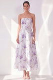Lilac Flower Strapless A Line Maxi Beach Wedding Guest Dress
