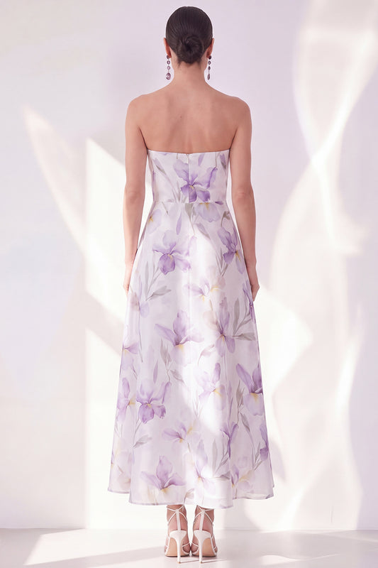 Lilac Flower Strapless A Line Maxi Beach Wedding Guest Dress