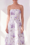Lilac Flower Strapless A Line Maxi Beach Wedding Guest Dress