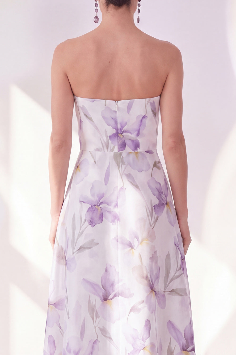 Zapaka Women Lilac Flower Midi Dress A-Line Strapless Chiffon Wedding Guest Dress, Lilac Flower / US24W