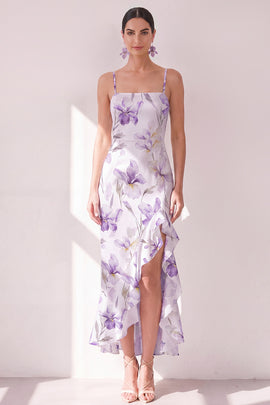 Lilac Flower Ruffled Mermaid Maxi Beach Wedding Guest Dress with Slit