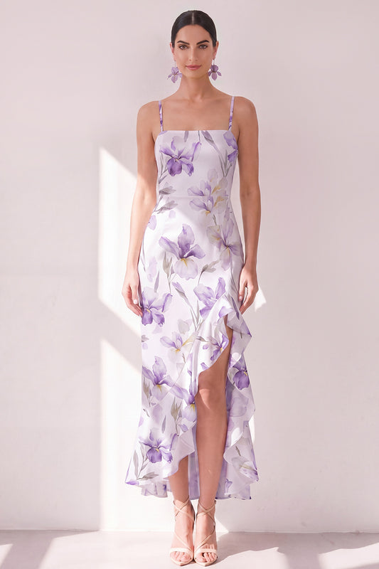 Lilac Flower Ruffled Mermaid Maxi Beach Wedding Guest Dress with Slit