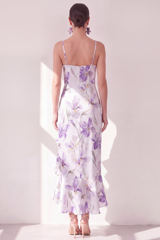 Lilac Flower Ruffled Mermaid Maxi Beach Wedding Guest Dress with Slit