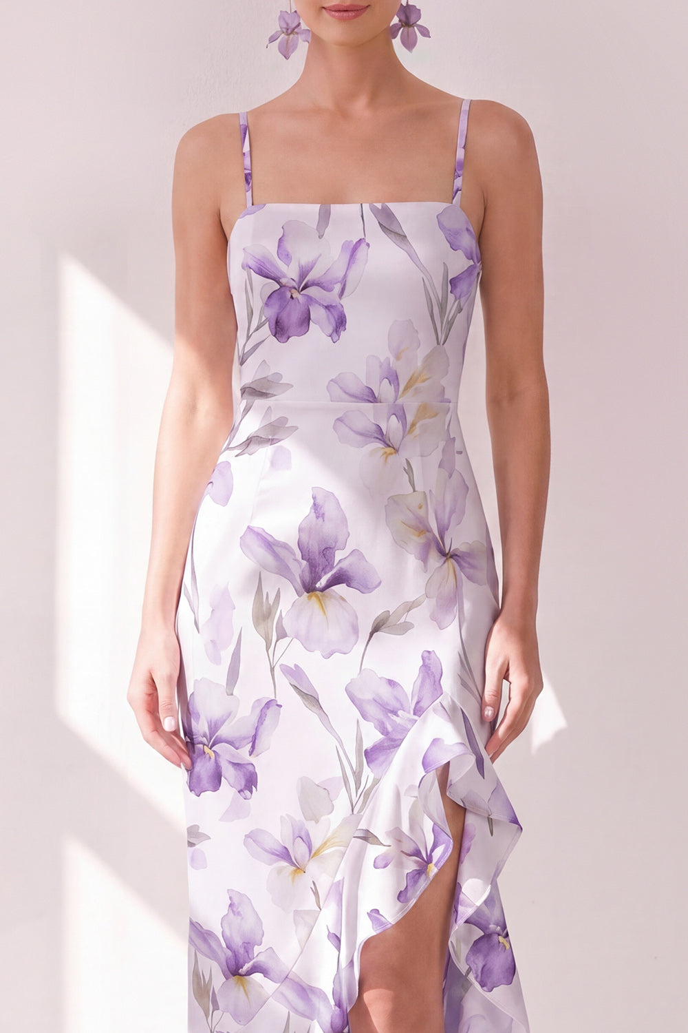 Lilac Flower Ruffled Mermaid Maxi Beach Wedding Guest Dress with Slit