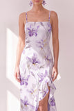 Lilac Flower Ruffled Mermaid Maxi Beach Wedding Guest Dress with Slit