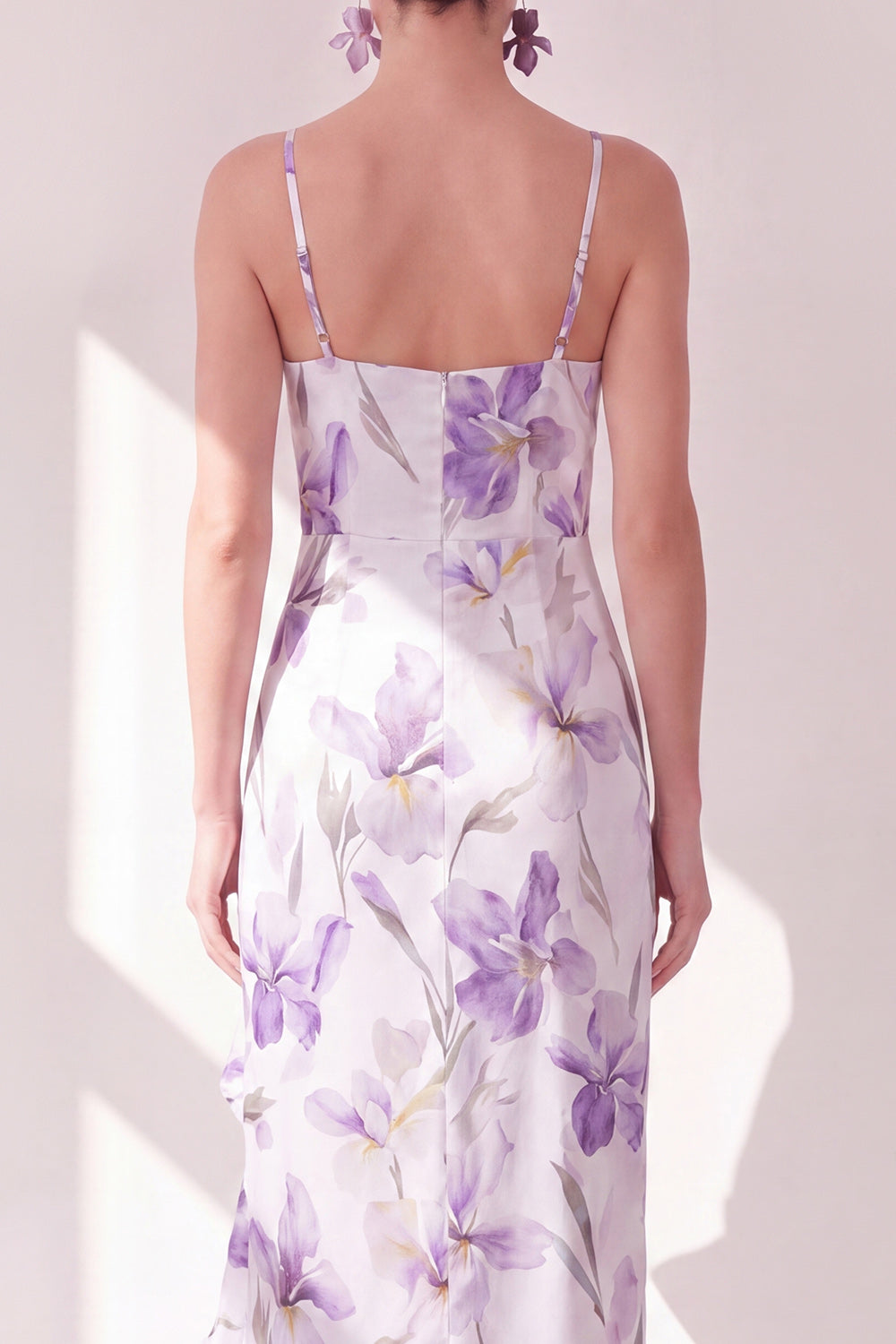 Lilac Flower Ruffled Mermaid Maxi Beach Wedding Guest Dress with Slit