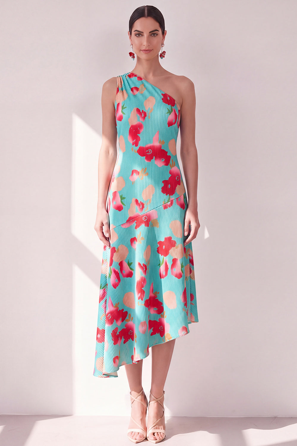 Pink Red Flower One Shoulder Asymmetrical Beach Wedding Guest Dress