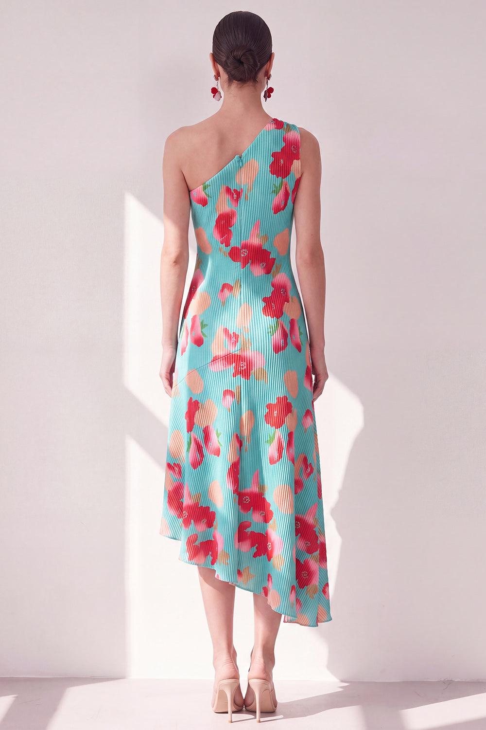 Pink Red Flower One Shoulder Asymmetrical Beach Wedding Guest Dress