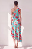 Pink Red Flower One Shoulder Asymmetrical Beach Wedding Guest Dress