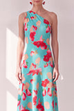 Pink Red Flower One Shoulder Asymmetrical Beach Wedding Guest Dress