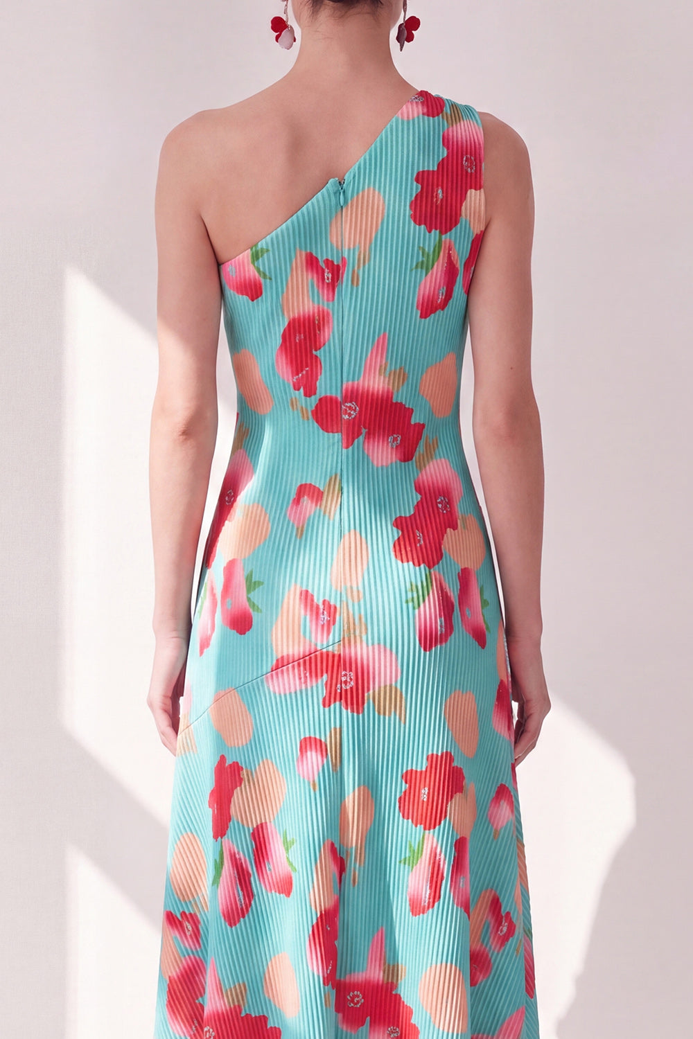 Pink Red Flower One Shoulder Asymmetrical Beach Wedding Guest Dress