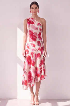Pink Red Flower One Shoulder Asymmetrical Beach Wedding Guest Dress
