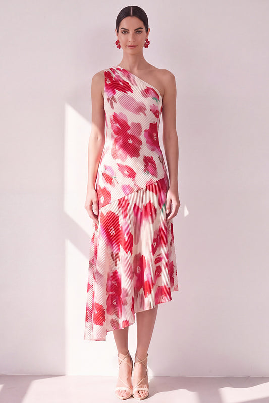Zapakasa Women Pink Red Flower Asymmetrical Beach Wedding Guest Dress One  Shoulder Summer Dress