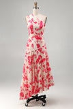 Pink Red Flower One Shoulder Asymmetrical Beach Wedding Guest Dress