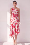 Pink Red Flower One Shoulder Asymmetrical Beach Wedding Guest Dress