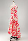 Pink Red Flower One Shoulder Asymmetrical Beach Wedding Guest Dress