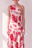 Pink Red Flower One Shoulder Asymmetrical Beach Wedding Guest Dress