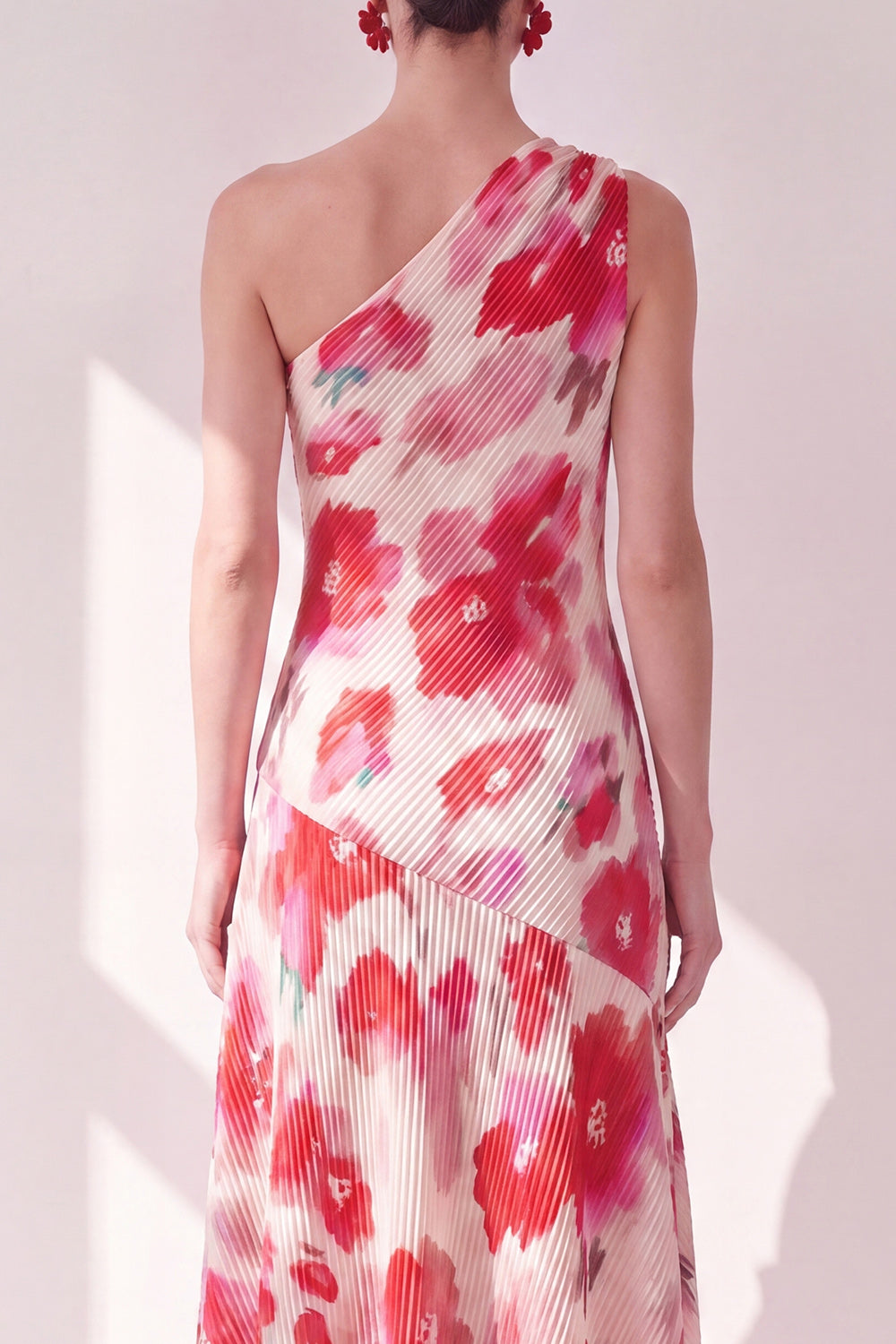 Pink Red Flower One Shoulder Asymmetrical Beach Wedding Guest Dress