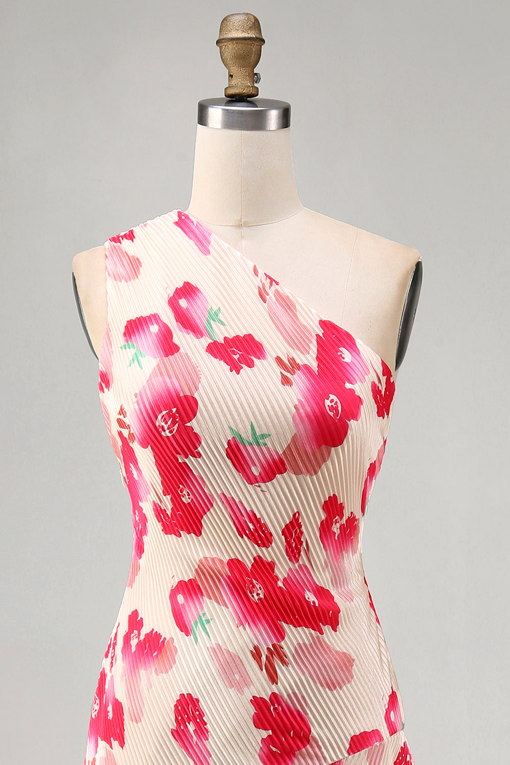 Pink Red Flower One Shoulder Asymmetrical Beach Wedding Guest Dress