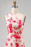Pink Red Flower One Shoulder Asymmetrical Beach Wedding Guest Dress