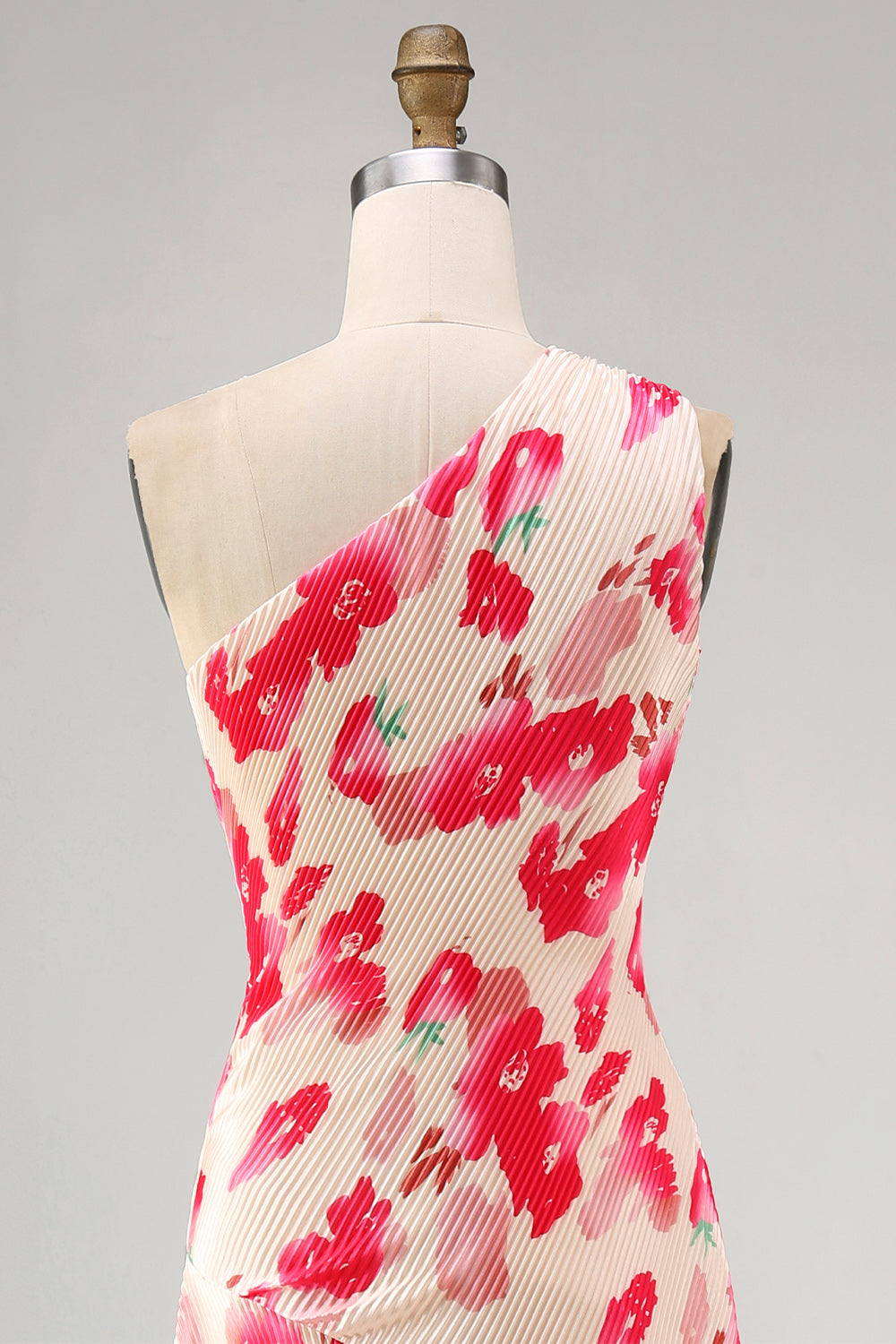 Pink Red Flower One Shoulder Asymmetrical Beach Wedding Guest Dress