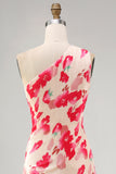 Pink Red Flower One Shoulder Asymmetrical Beach Wedding Guest Dress