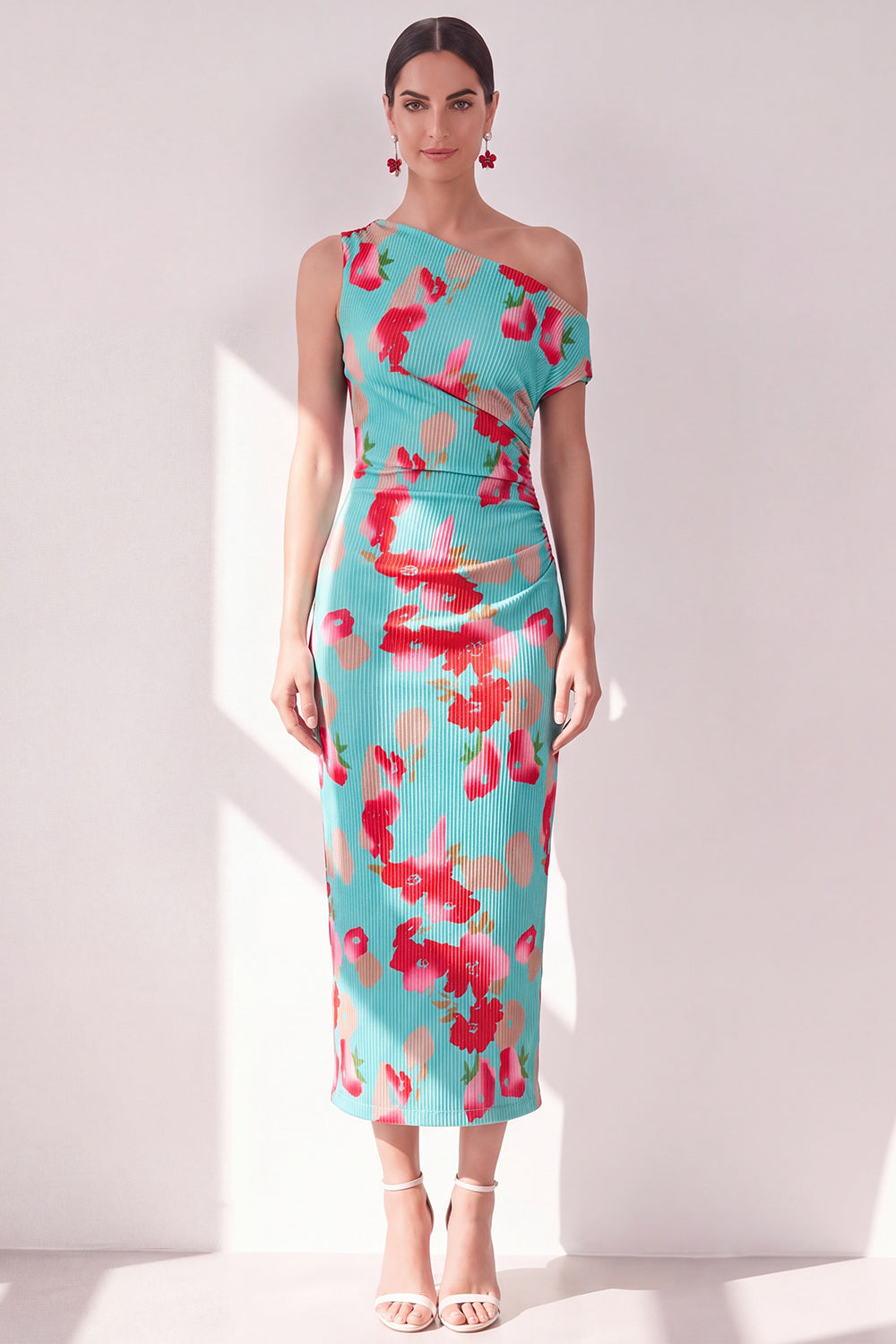 Sheath Pink Red Flower One Shoulder Maxi Beach Wedding Guest Dress