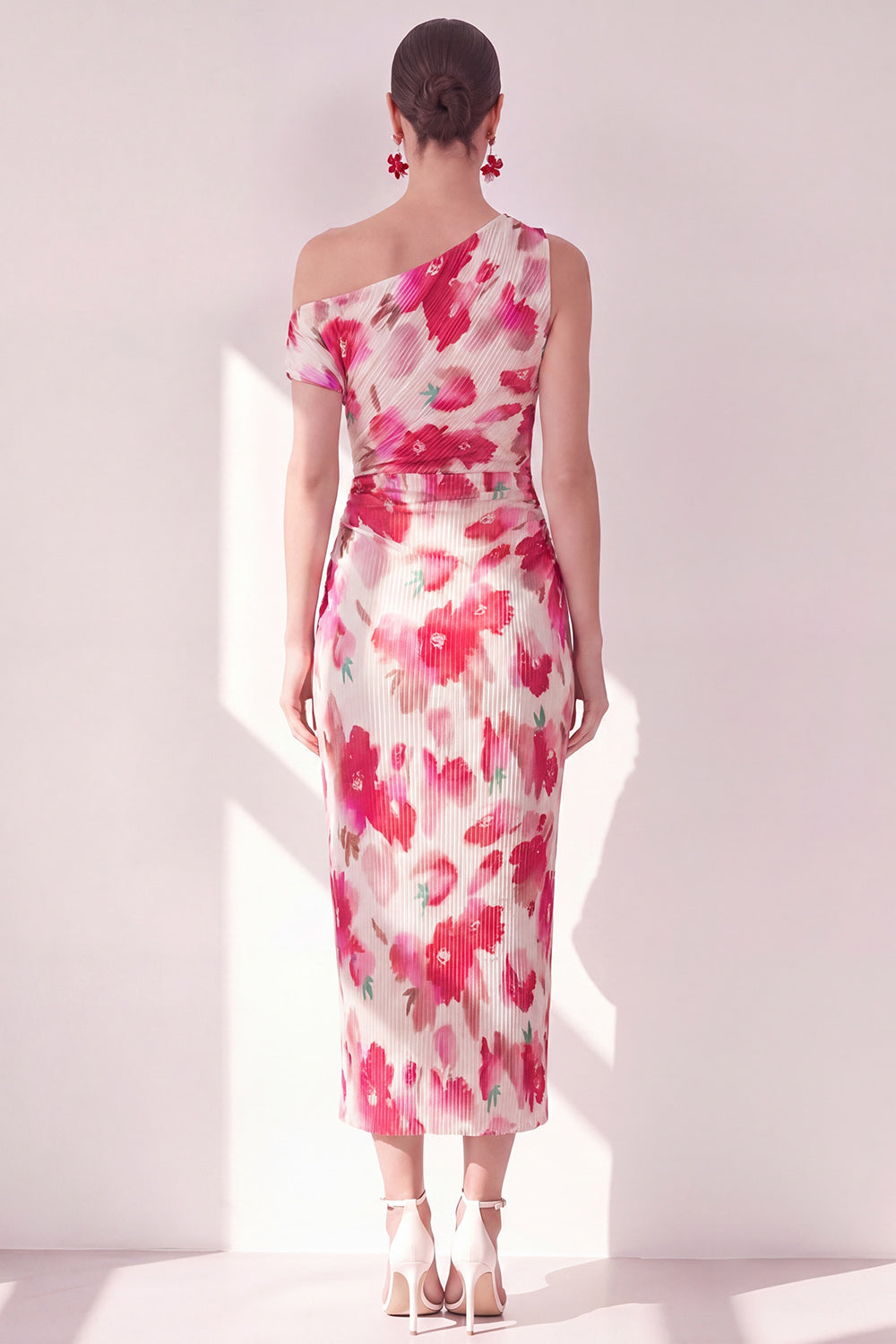 Sheath Pink Red Flower One Shoulder Maxi Beach Wedding Guest Dress