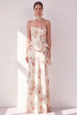 Corset Apricot Strapless Floral Mermaid Basque Waist Maxi Beach Wedding Guest Dress