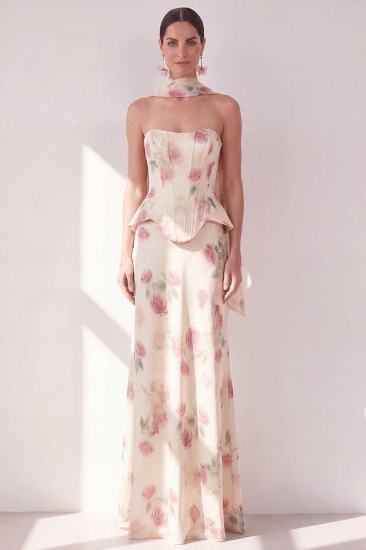 Corset Apricot Strapless Floral Mermaid Basque Waist Maxi Beach Wedding Guest Dress