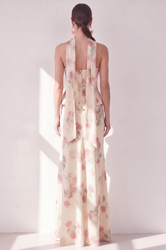 Corset Apricot Strapless Floral Mermaid Basque Waist Maxi Beach Wedding Guest Dress
