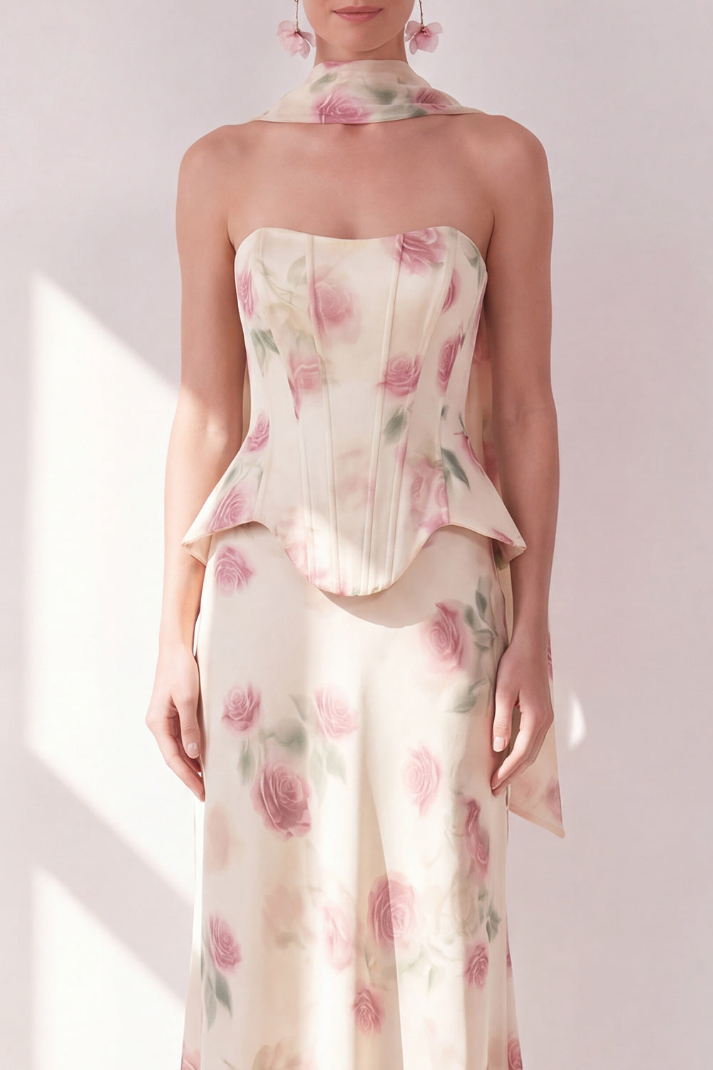 Corset Apricot Strapless Floral Mermaid Basque Waist Maxi Beach Wedding Guest Dress