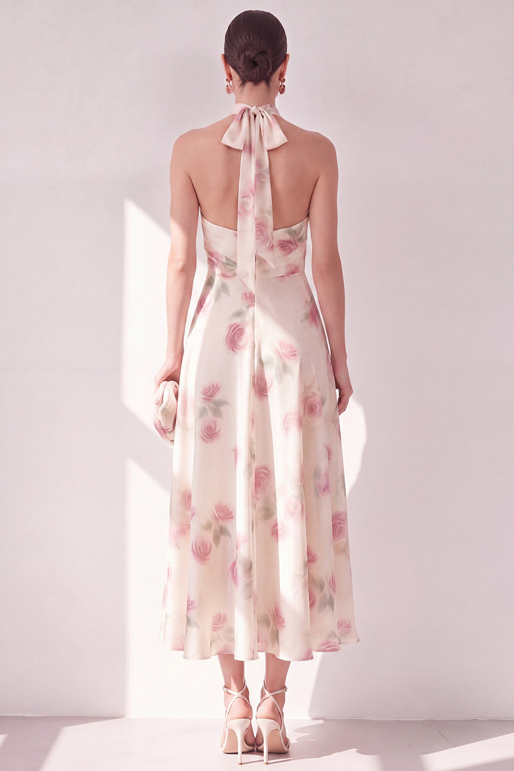 Apricot Halter Floral A Line Maxi Beach Wedding Guest Dress