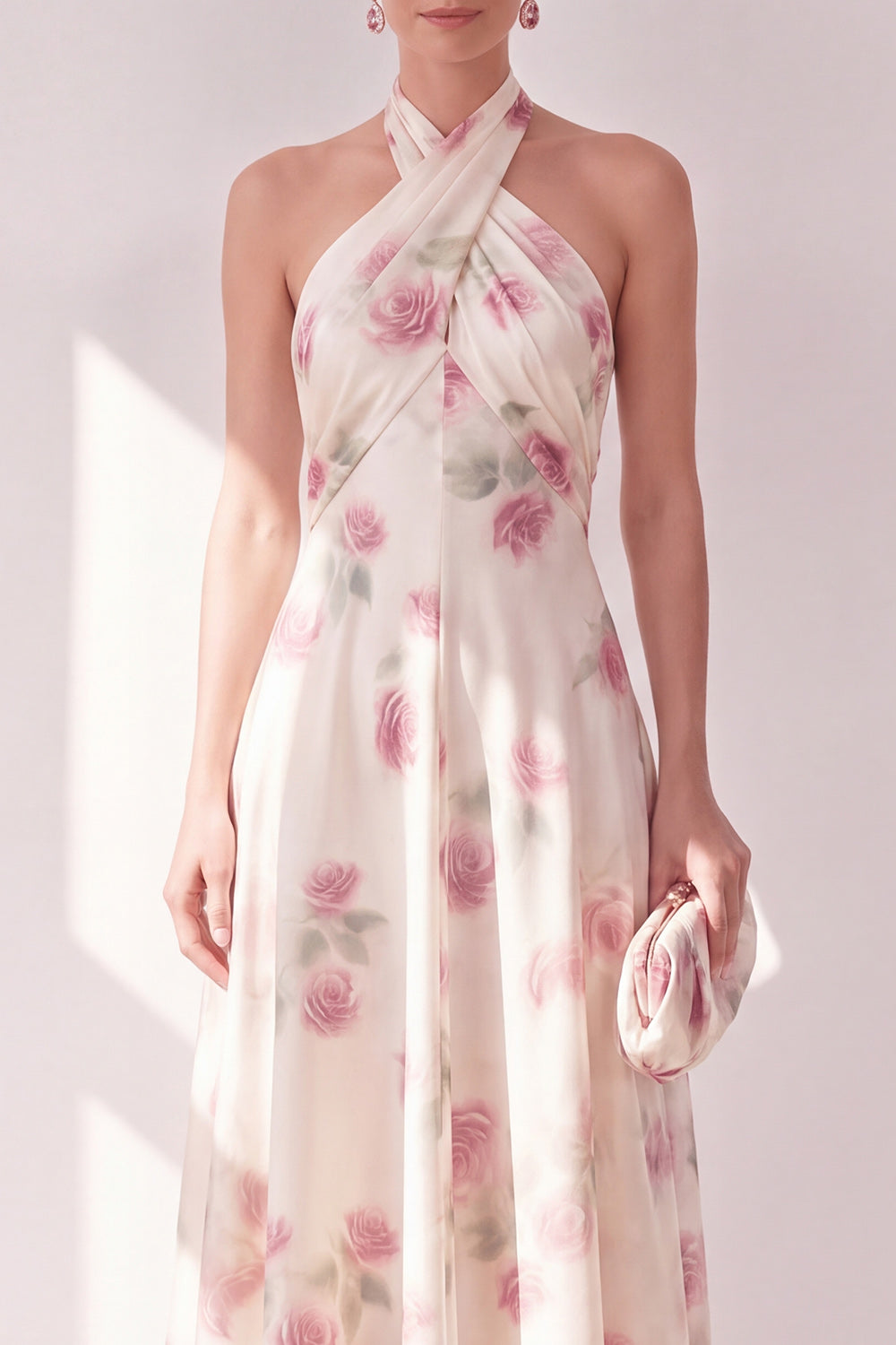 Apricot Halter Floral A Line Maxi Beach Wedding Guest Dress