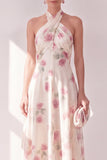 Apricot Halter Floral A Line Maxi Beach Wedding Guest Dress