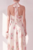 Apricot Halter Floral A Line Maxi Beach Wedding Guest Dress
