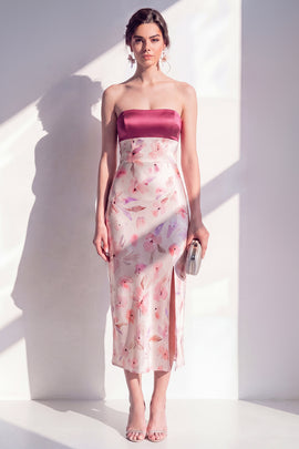 Sheath Strapless Pink Floral Maxi Beach Wedding Guest Dress with Slit
