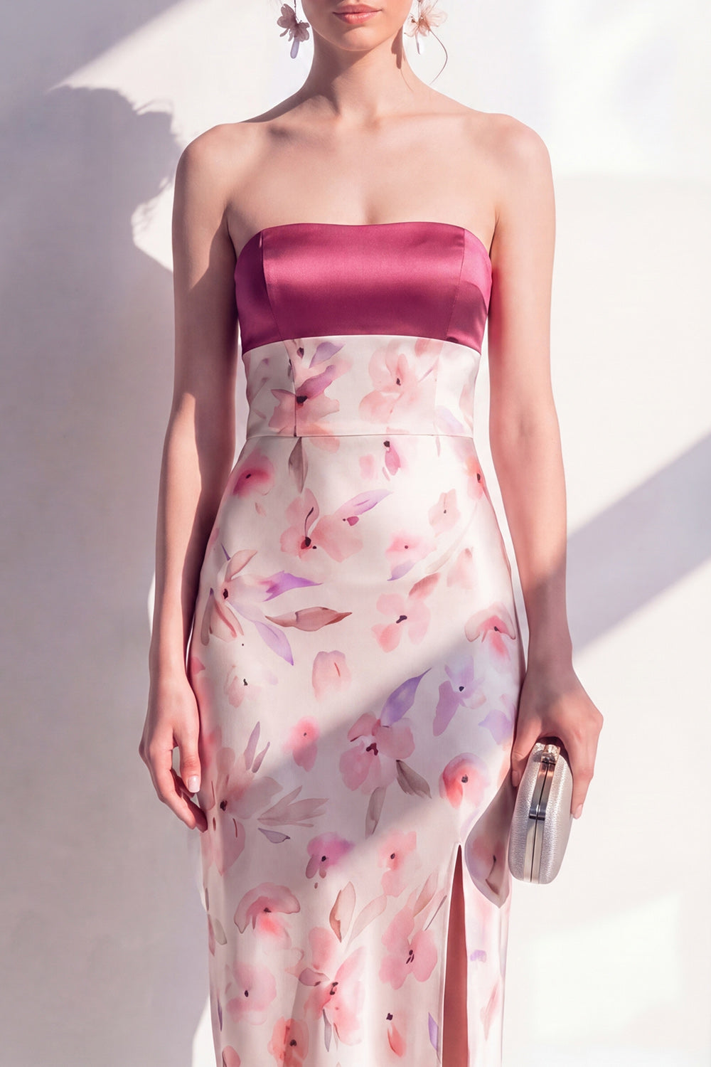 Sheath Strapless Pink Floral Maxi Beach Wedding Guest Dress with Slit