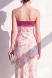 Sheath Strapless Pink Floral Maxi Beach Wedding Guest Dress with Slit