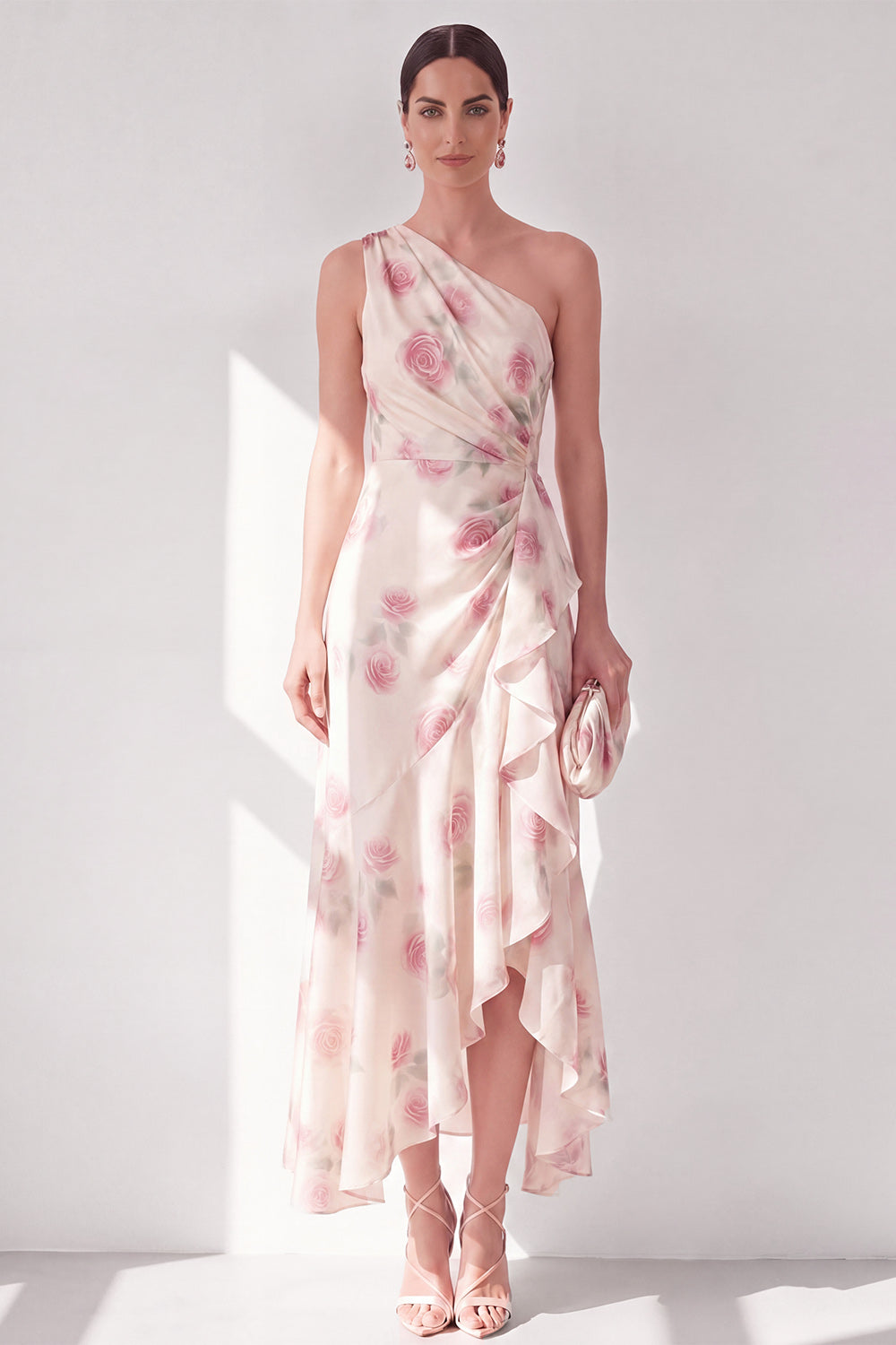 Apricot One Shoulder Floral A Line Maxi Beach Wedding Guest Dress with Ruffles