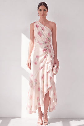 Apricot One Shoulder Floral A Line Maxi Beach Wedding Guest Dress with Ruffles