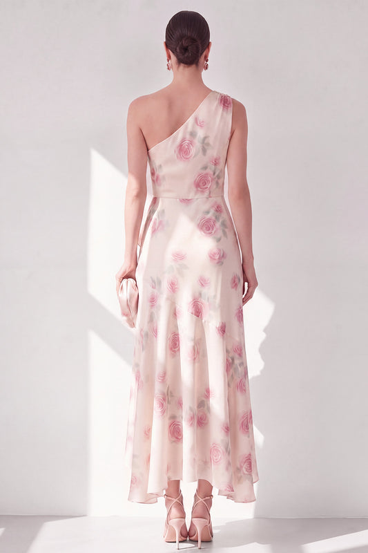 Apricot One Shoulder Floral A Line Maxi Beach Wedding Guest Dress with Ruffles