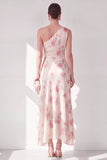 Apricot One Shoulder Floral A Line Maxi Beach Wedding Guest Dress with Ruffles