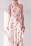 Apricot One Shoulder Floral A Line Maxi Beach Wedding Guest Dress with Ruffles