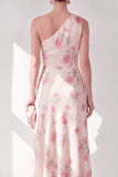 Apricot One Shoulder Floral A Line Maxi Beach Wedding Guest Dress with Ruffles
